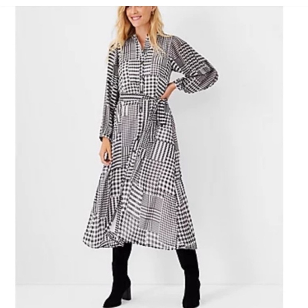 Ann Taylor Black and White Checkered Midi Shirt Dress